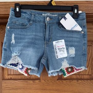 Wallflower Light Blue Distressed Denim Shorts with Multicolor Trim